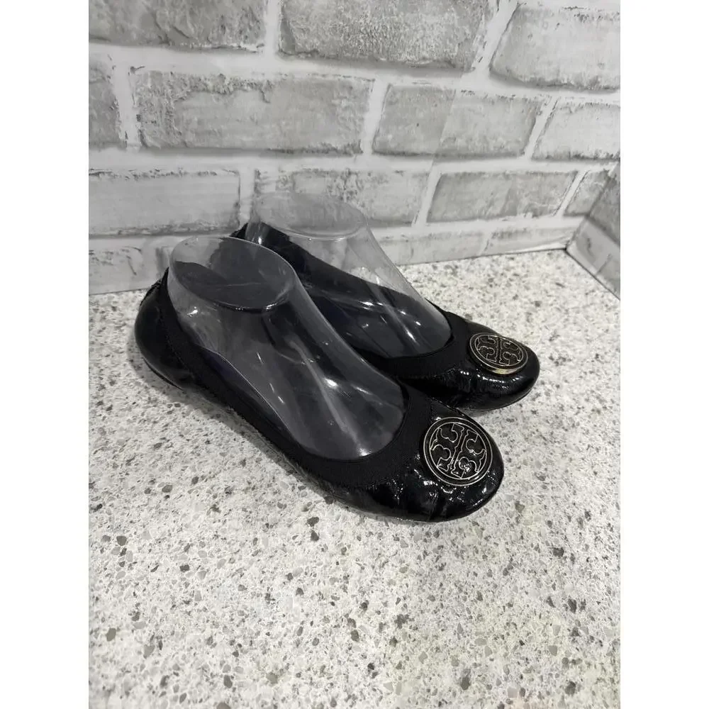 Tory Burch Black Patent Leather Ballet Flats with Gold Logo Medallion